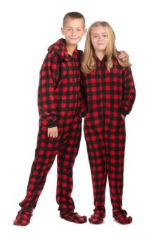 Red & Black Buffalo Plaid Fleece Hooded Footed Onesie Pajamas for Boys & Girls